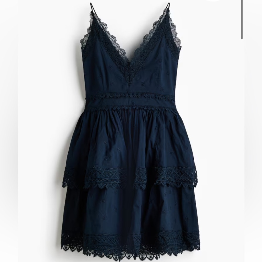 H&M Navy Lace-Trim Spaghetti Strap Dress- size S NWT